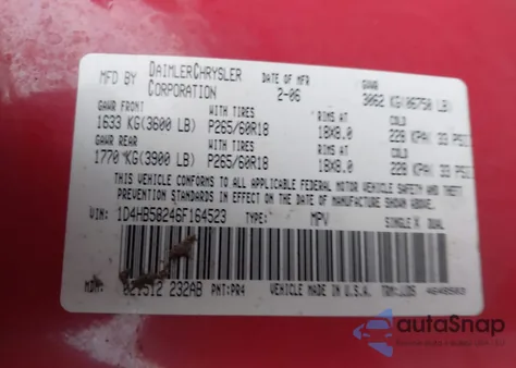 2006 Dodge Durango Limited z USA, uszkodzony, nr VIN 1D4HB58246F164523